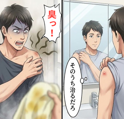 プチッ…「臭っ！」シャワー中に漂う異臭と黄色いシミ。左肩のできものを放置して招いた事態【体験談】